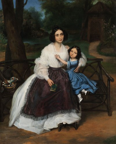 Biedermeier Portrait of a Young Woman with Daughter by Unknown